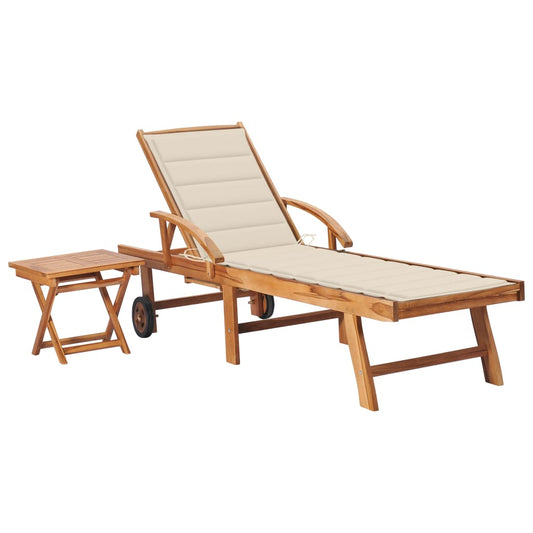 Sun lounger with table and cushion in solid teak wood