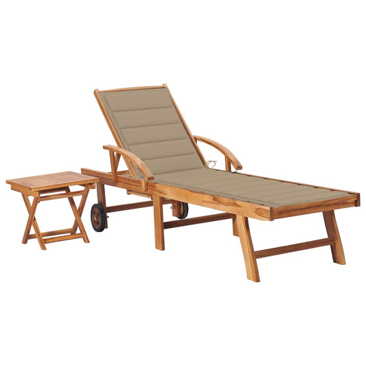 Sun lounger with table and cushion in solid teak wood