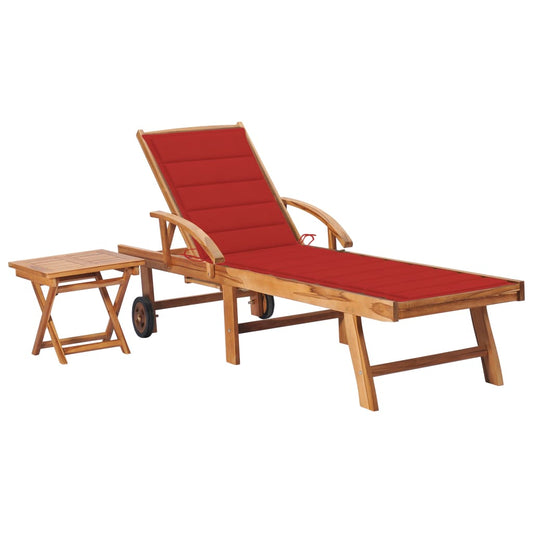 Sun lounger with table and cushion in solid teak wood