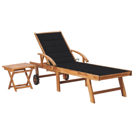 Sun lounger with table and cushion in solid teak wood