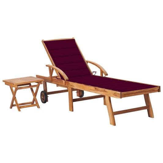 Sun lounger with table and cushion in solid teak wood