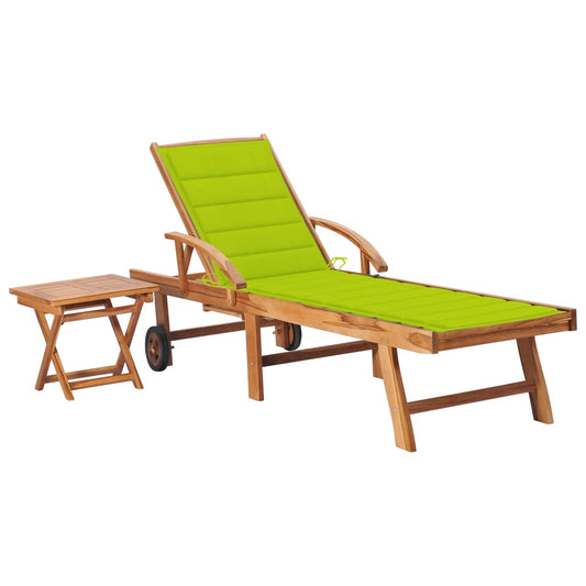 Sun lounger with table and cushion in solid teak wood