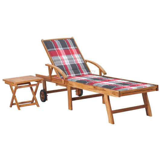 Sun lounger with table and cushion in solid teak wood