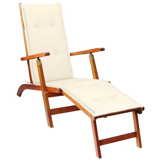 Outdoor sun lounger with footrest and solid acacia cushion