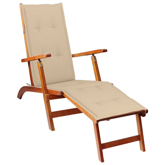 Outdoor sun lounger with footrest and solid acacia cushion