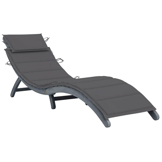 Sun lounger with cushion in solid acacia wood, grey