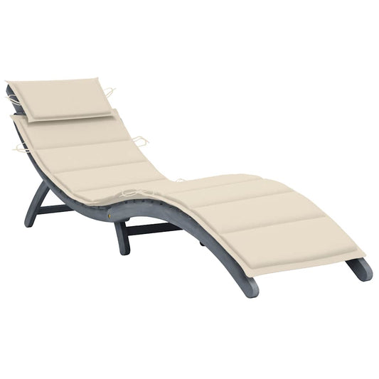Sun lounger with cushion in solid acacia wood, grey