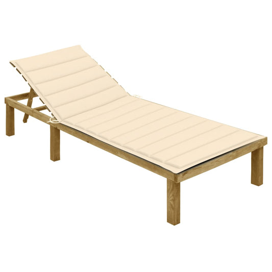 Sun lounger with cream-colored cushion in impregnated pine