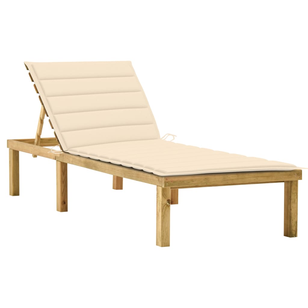 Sun lounger with cream-colored cushion in impregnated pine