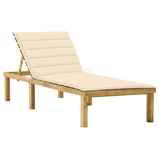 Sun lounger with cream-colored cushion in impregnated pine