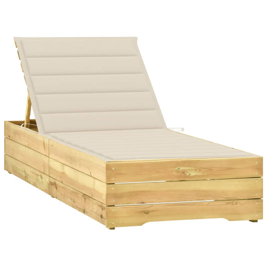 Sun lounger with cream-colored cushion in impregnated pine