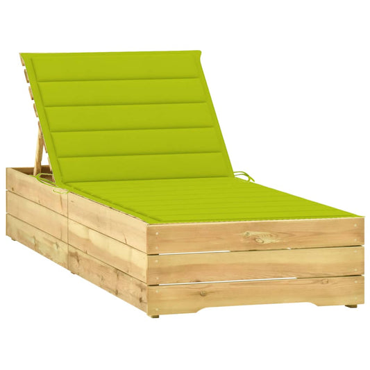 Sun lounger with bright green cushion in impregnated pine