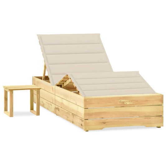 Garden sun lounger with table and cushion in impregnated pine