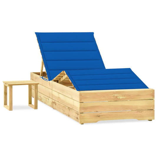 Garden sun lounger with table and cushion in impregnated pine