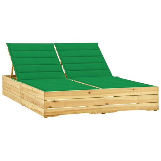 Double sun lounger with green cushions in impregnated pine