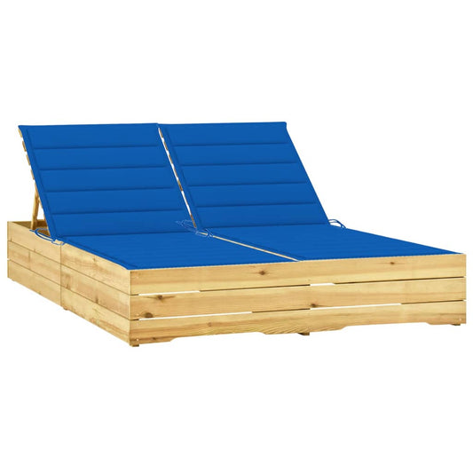 Double sun lounger with royal blue cushions in impregnated pine