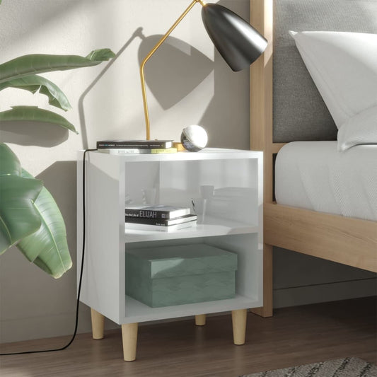 Bedside tables with wooden legs 2pcs 40x30x50cm glossy white