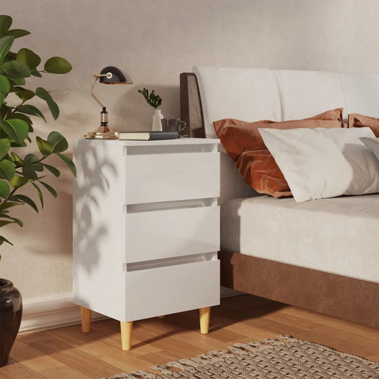 Bedside table with wooden legs 40x35x69 cm glossy white
