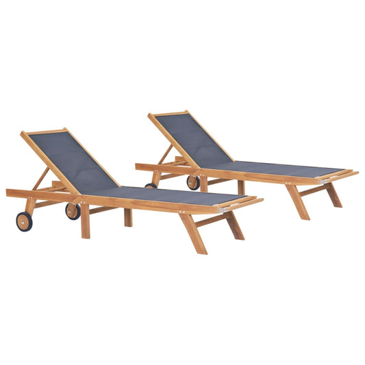 Folding sun loungers with wheels 2 pcs solid teak/textilene