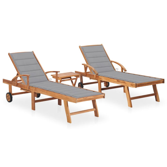 Sun loungers with table and cushion 2 pcs solid teak