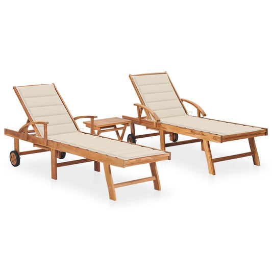 Sun loungers with table and cushion 2 pcs solid teak