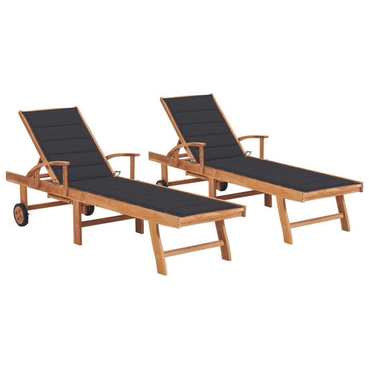 2 pcs sun loungers with anthracite cushion solid teak