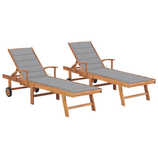 Sun loungers 2 pcs with grey cushion solid teak