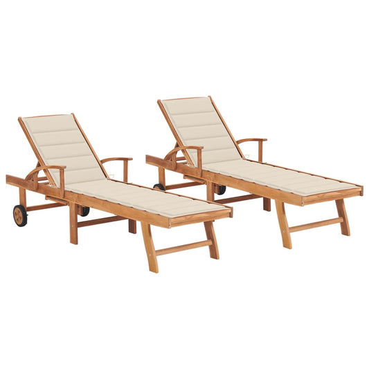 2 pcs sun loungers with cream coloured cushions in solid teak