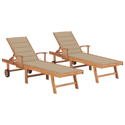 2 pcs sun loungers with beige cushions in solid teak