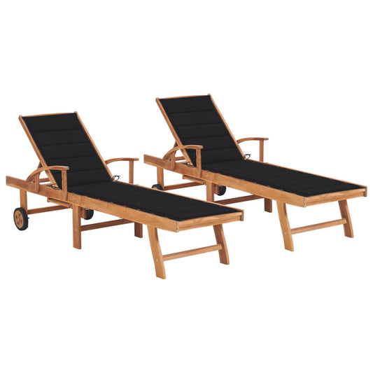 2 pcs sun loungers with black cushion solid teak