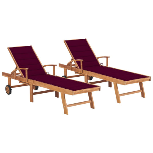 Sun loungers 2 pcs with red cushion stained solid teak