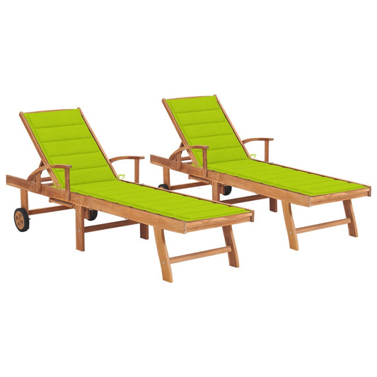 2 pcs sun loungers with glossy green cushion solid teak
