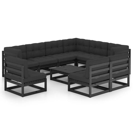 10 pcs conjunto longue jardim c/ almofadões pinho maciço preto