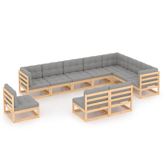 10 pcs conjunto lounge de jardim c/ almofadões pinho maciço