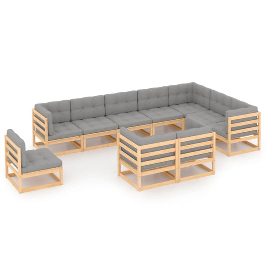 10 pcs conjunto lounge de jardim c/ almofadões pinho maciço