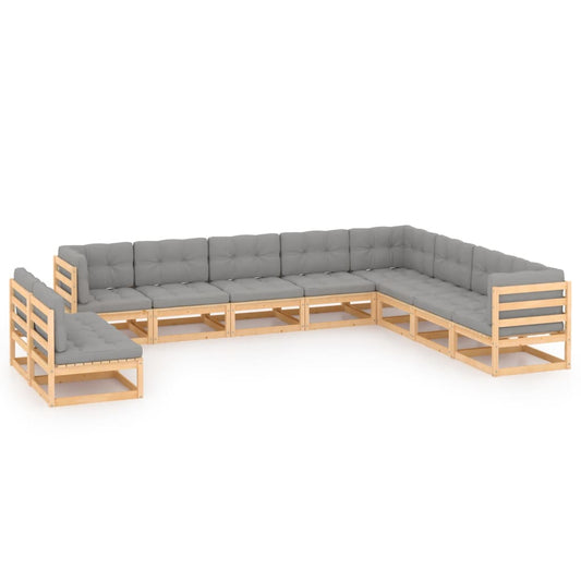 10 pcs conjunto lounge de jardim c/ almofadões pinho maciço