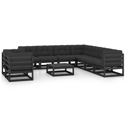 10 pcs conjunto lounge jardim c/ almofadões pinho maciço preto