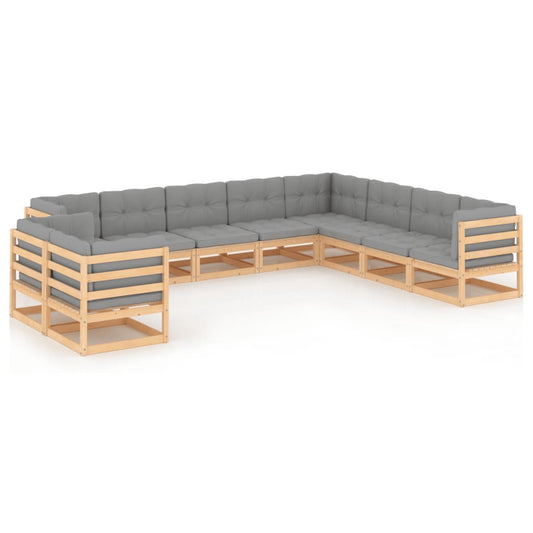 10 pcs conjunto lounge de jardim c/ almofadões pinho maciço
