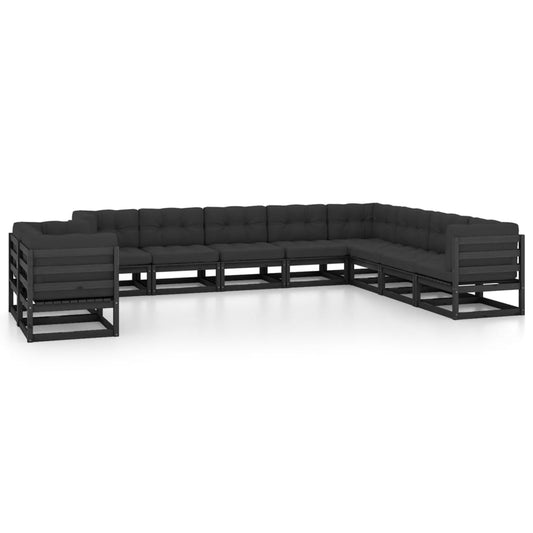 10 pcs conjunto lounge jardim c/ almofadões pinho maciço preto