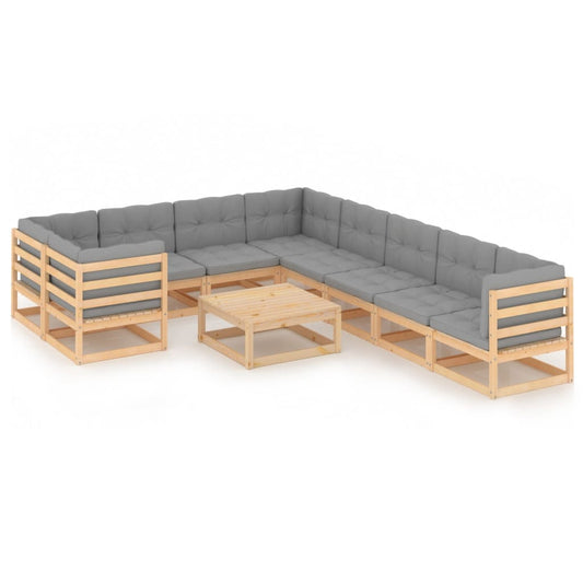 10 pcs conjunto lounge de jardim c/ almofadões pinho maciço