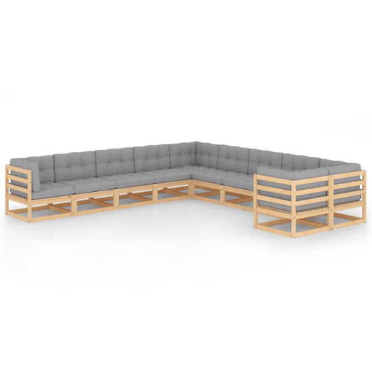 10 pcs conjunto lounge de jardim c/ almofadões pinho maciço