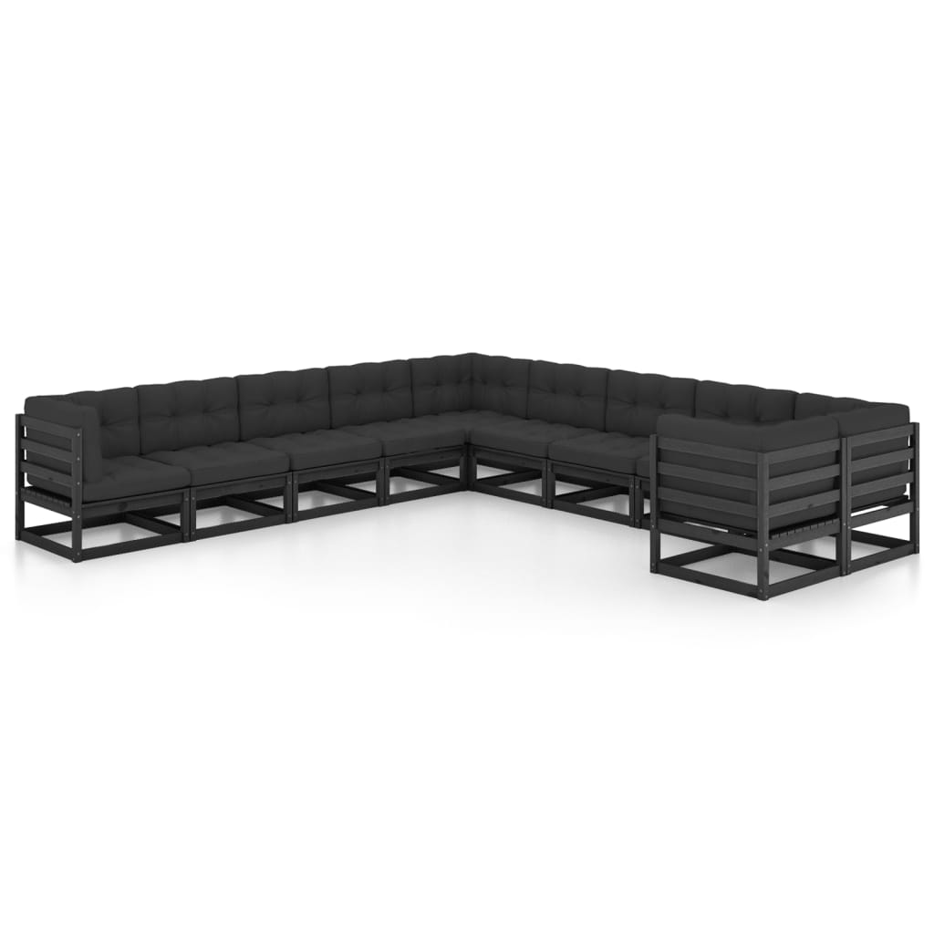 10 pcs conjunto longue jardim c/ almofadões pinho maciço preto
