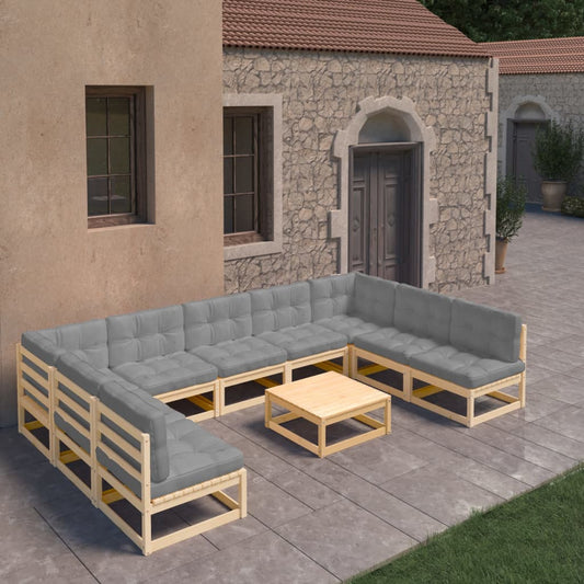 10 pcs conjunto lounge de jardim c/ almofadões pinho maciço