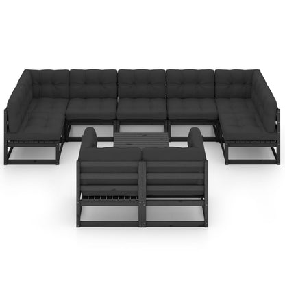 10 pcs conjunto lounge jardim c/ almofadões pinho maciço preto