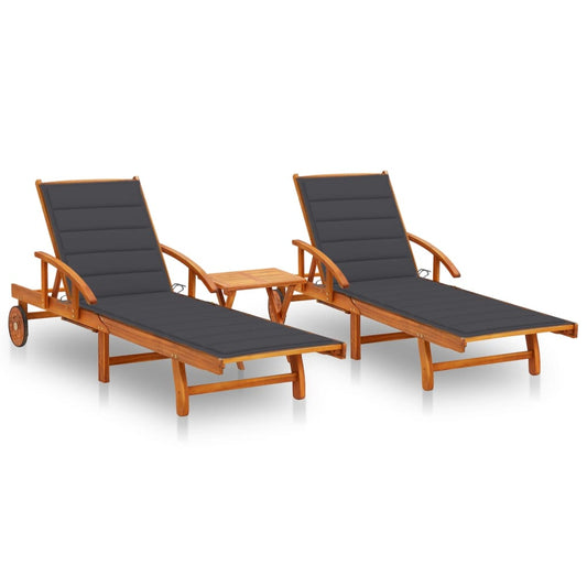 Sun loungers with table and cushions 2 pcs solid acacia