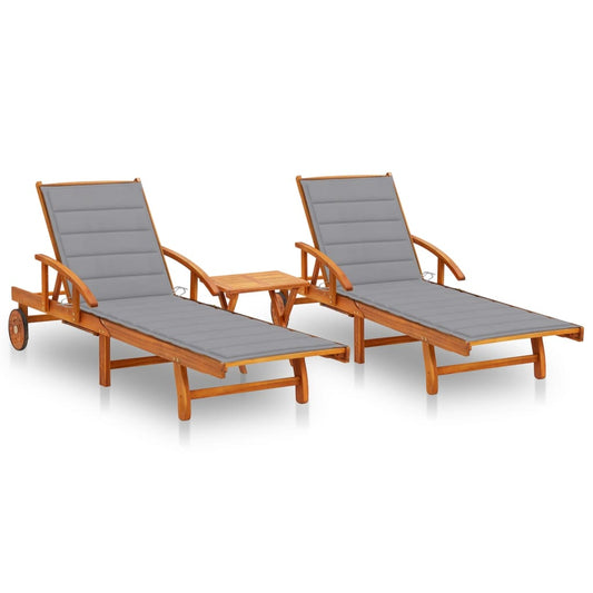 Espreguiçadeiras com mesa e almofadões 2 pcs acácia maciça
