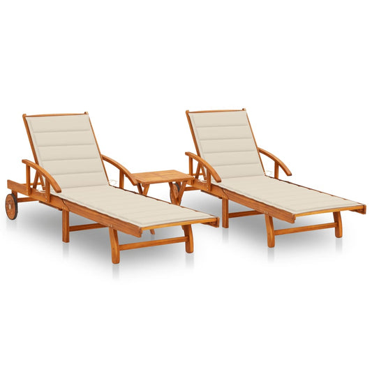 Sun loungers with table and cushions 2 pcs solid acacia