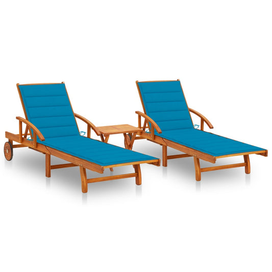 Sun loungers with table and cushions 2 pcs solid acacia
