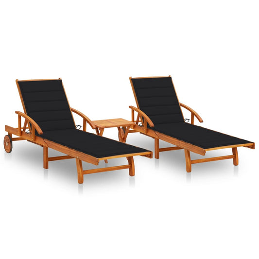 Sun loungers with table and cushions 2 pcs solid acacia