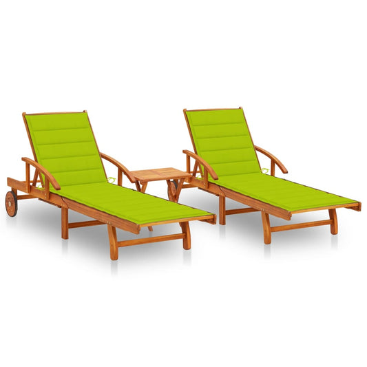Sun loungers with table and cushions 2 pcs solid acacia
